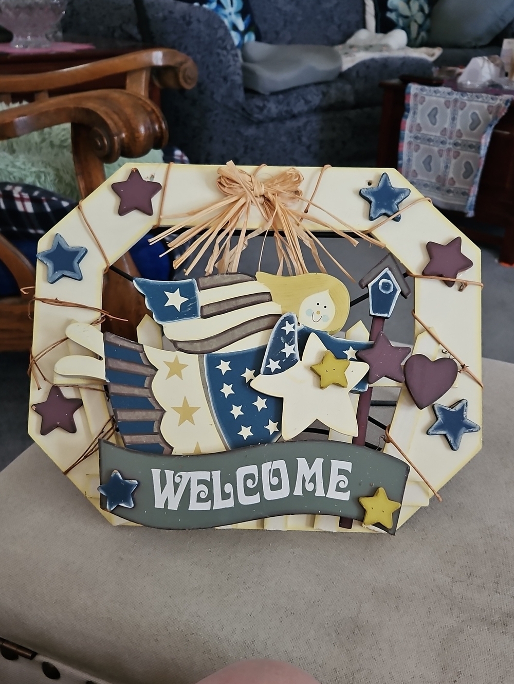 Patriotic Angel Welcome Sign - Blue, Cream, Yellow